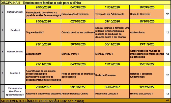 Cronograma — Clínica Fenomenológica das Infâncias, Adolescências, Casais e Famílias — imagem 2
