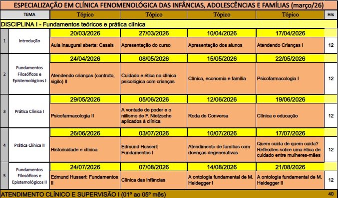 Cronograma — Clínica Fenomenológica das Infâncias, Adolescências, Casais e Famílias — imagem 1