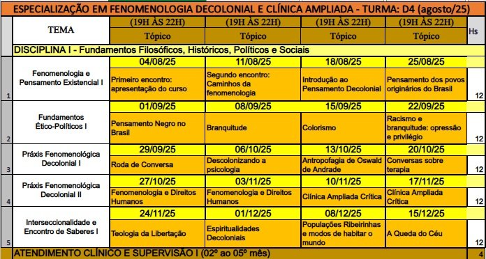 Cronograma — Fenomenologia Decolonial e Clínica Ampliada — imagem 1